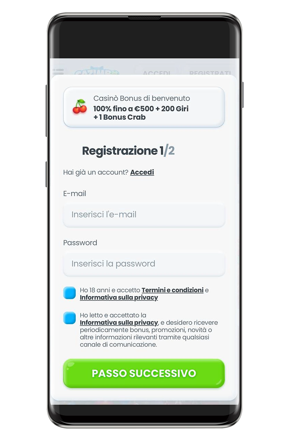Screenshot of the Cazimbo casino website mobile version.